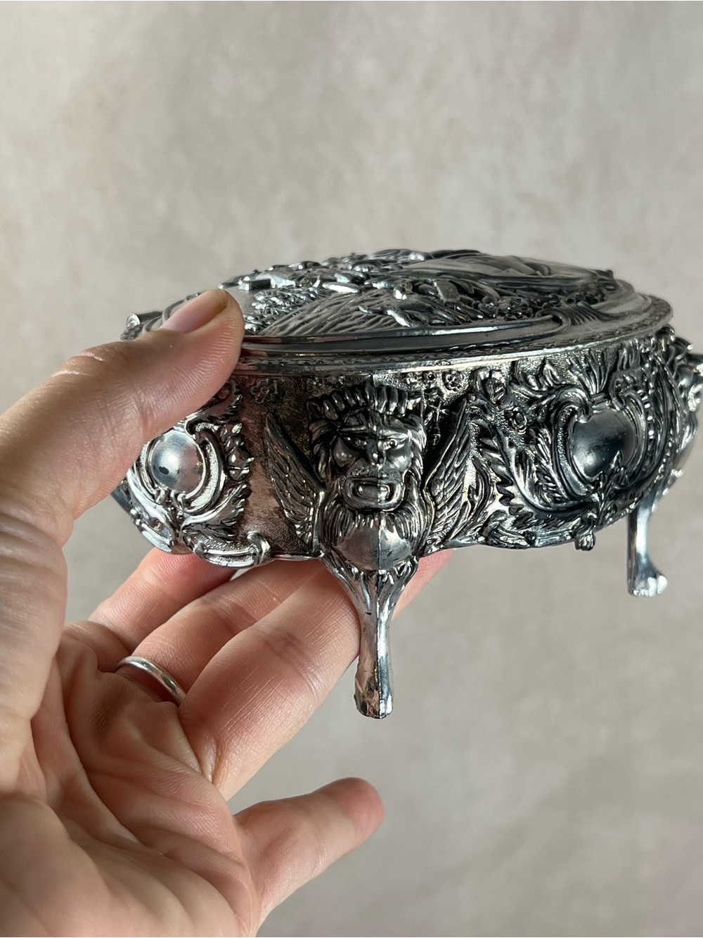 Vintage UGC Hong Kong Silver Tone Ornate Mirrored Trinket Jewelry Box